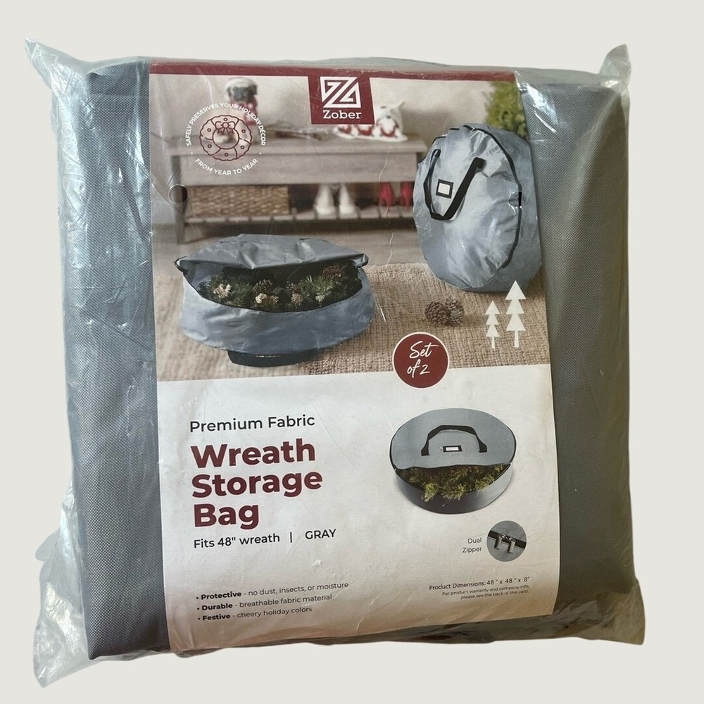 48 Inch Wreath Storage Bag 2 Pack Gray Waterproof Fabric Dual Zipper Handle NWT